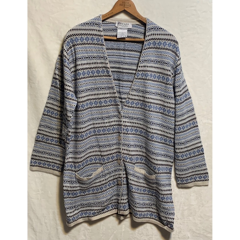 Vtg Jaeger Blue Fair Isle Cotton Linen Flax‎ Cardigan Sweater Made in GB Medium